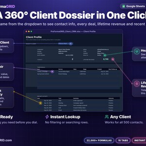 Client profile lookup tab in a CRM spreadsheet showing one client's contact info, health, lifetime revenue, all deals and recent activity after picking a name from a dropdown