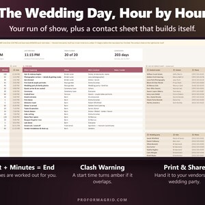 Wedding day timeline with start times, minutes, automatic end times and a contact sheet of booked vendors and wedding party.