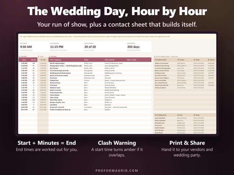 Wedding day timeline with start times, minutes, automatic end times and a contact sheet of booked vendors and wedding party.