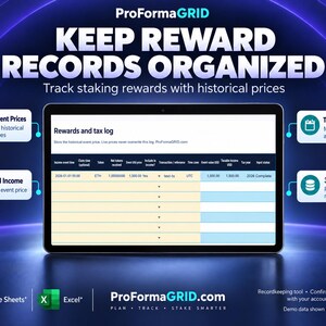 以下が含まれることがあります： ProFormaGRIDの報酬および税務ログスプレッドシートを表示するデジタル画面。インターフェースには、イベント時間、トークン、純トークン数、税年度の列があります。周囲のテキストには「Keep Reward Records Organized」と機能アイコンが含まれています。