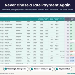 Gig payment tracker with deposits, final payments, balance owed and color-coded Paid, Upcoming and Overdue status for weddings, DJs and bands.