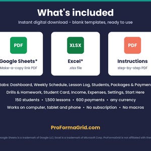 What is included: Google Sheets make-a-copy link PDF, Excel xlsx file and Instructions PDF. Blank tutor templates, 11 tabs, any currency, instant download.