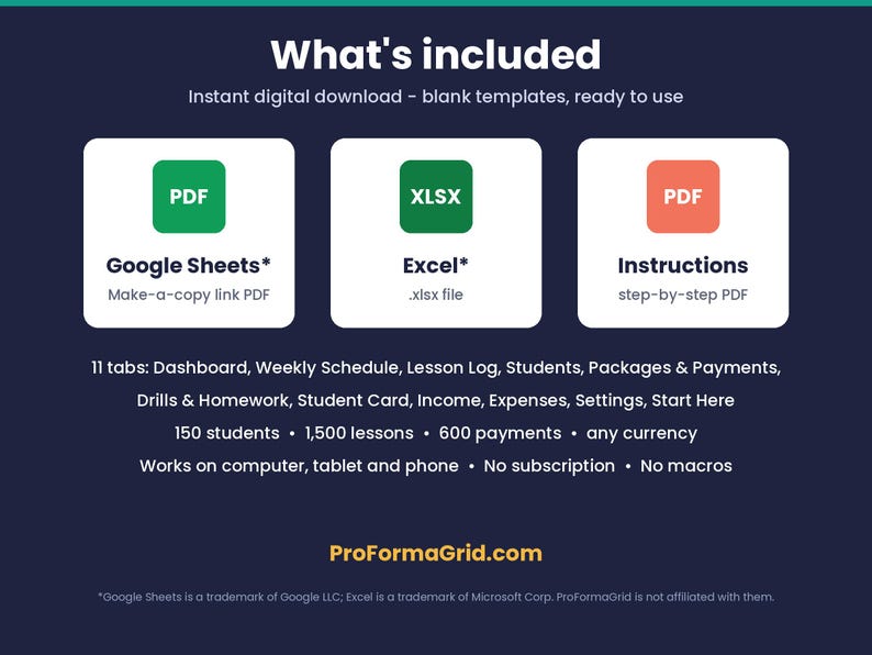 What is included: Google Sheets make-a-copy link PDF, Excel xlsx file and Instructions PDF. Blank tutor templates, 11 tabs, any currency, instant download.