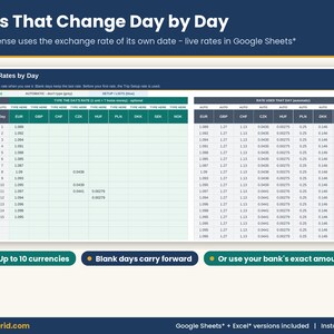 Exchange rates tab with a rate for each trip day and currency