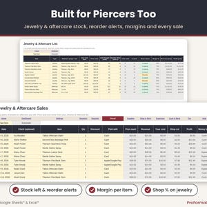 Piercer income expense sheet with jewelry and aftercare stock levels, reorder alerts, margins and retail sales log.