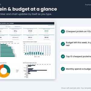 Dashboard tab with KPI cards for protein target, weekly meal prep cost, budget left and cost per gram of protein, plus top 10 cheapest protein chart.
