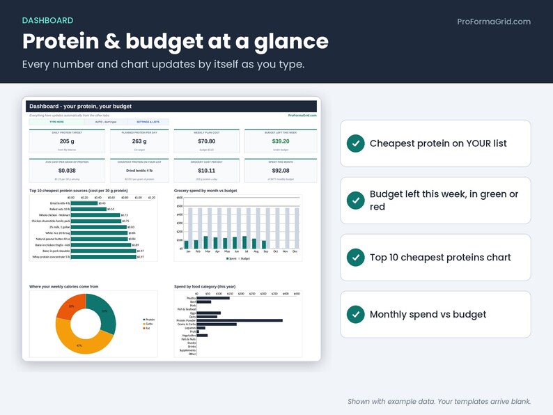 Dashboard tab with KPI cards for protein target, weekly meal prep cost, budget left and cost per gram of protein, plus top 10 cheapest protein chart.
