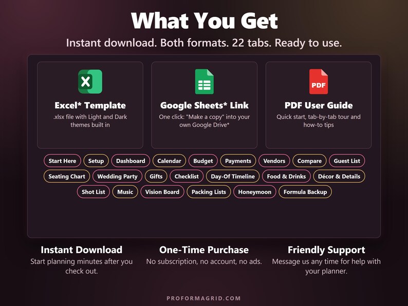What is included: Excel template, Google Sheets copy link PDF, PDF user guide and 22 tabs.