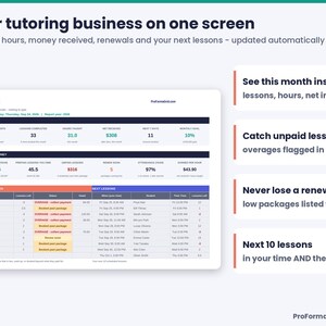 Tutor dashboard showing lessons, hours, net income this month, prepaid lessons owed, unpaid lessons, renewals due, attendance and next 10 lessons with charts.
