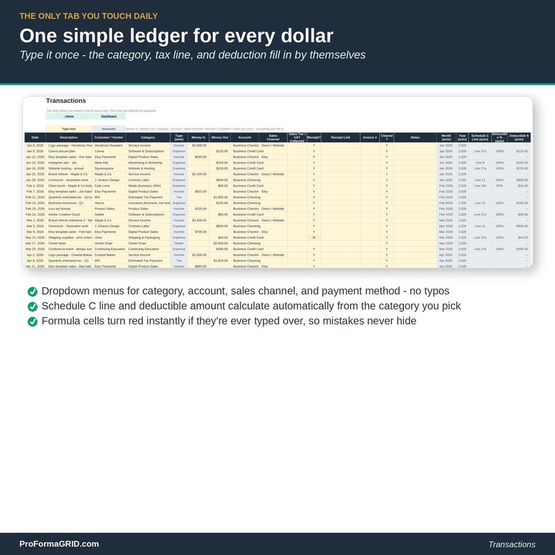 Transactions tab of the bookkeeping template, a single running ledger with columns for date, description, vendor, category, money in, money out, account and payment method