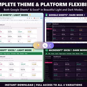 Spreadsheet template in Light and Dark mode for both Google Sheets and Excel