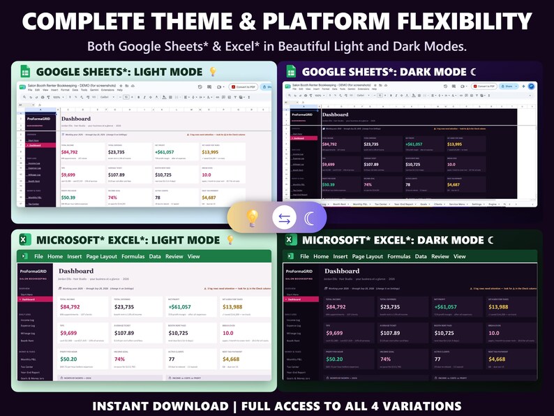 Spreadsheet template in Light and Dark mode for both Google Sheets and Excel