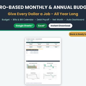 Ultimate Zero-Based Monthly & Annual Budget spreadsheet template for Google Sheets and Excel, showing the automatic Annual Dashboard with income, expenses, savings rate and net worth charts