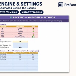 Backend XP engine and settings tab showing protected formulas and automated XP tracking