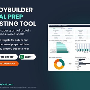 Bodybuilder meal prep costing tool thumbnail with Google Sheets and Excel badges and a dashboard showing protein targets, grocery budget and cheapest protein charts.