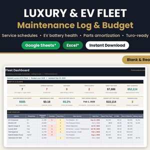 Luxury and EV auto fleet maintenance log and budget spreadsheet template with fleet dashboard preview and Google Sheets* and Microsoft* Excel* badges, blank and ready to use.