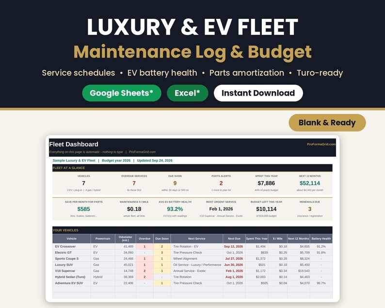 Luxury and EV auto fleet maintenance log and budget spreadsheet template with fleet dashboard preview and Google Sheets* and Microsoft* Excel* badges, blank and ready to use.