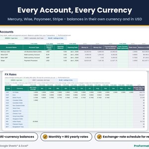 Multi currency account balances for Mercury*, Wise* and Stripe* in own currency and USD, with monthly and IRS yearly average exchange rate table