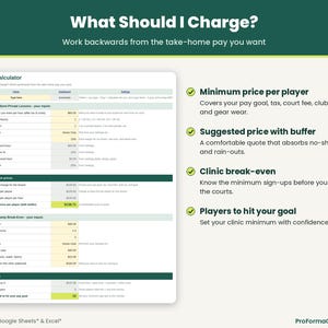 Sports instructor rate calculator tab estimating required player pricing based on income goals and clinic break-even targets.