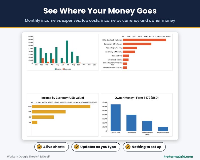 Four automatic charts: monthly income vs expenses, top expense categories, income by currency in USD and owner money for Form 5472