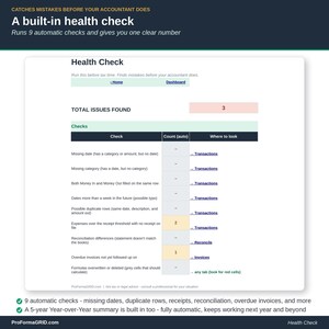 Health Check tab of the bookkeeping spreadsheet automatically flagging missing categories, duplicate transactions and any formula that was accidentally typed over