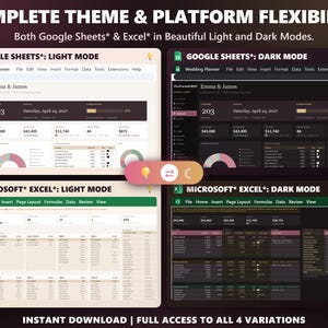Wedding planner template shown in Google Sheets and Excel, each in light mode and dark mode.