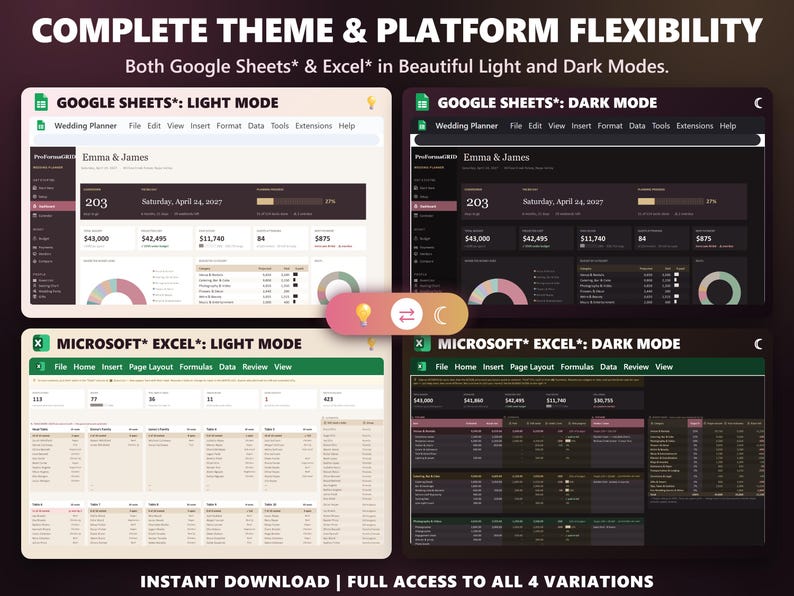Wedding planner template shown in Google Sheets and Excel, each in light mode and dark mode.