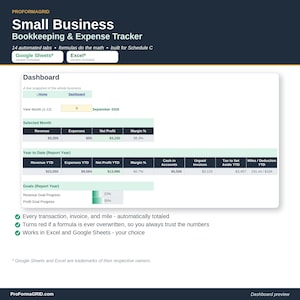 Small Business Bookkeeping and Expense Tracker spreadsheet template for Google Sheets and Excel, showing the automatic Dashboard with revenue, expenses, profit and tax set-aside