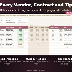 Wedding vendor tracker with status, contract signed, scheduled, paid, still owed, next due date and planned tips.