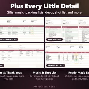 Additional tabs: gifts and thank-you tracker, packing lists, music list and decor and details tracker.