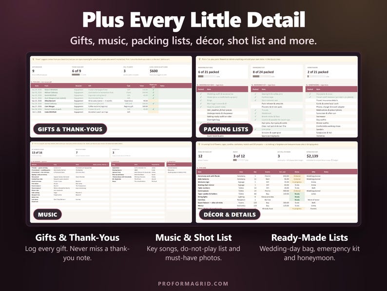 Additional tabs: gifts and thank-you tracker, packing lists, music list and decor and details tracker.