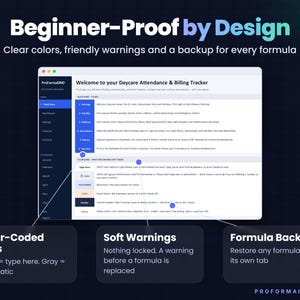 Start Here tab with a 6-step quick start, a color guide explaining white input cells and gray automatic cells, attendance codes, golden rules and sidebar navigation.