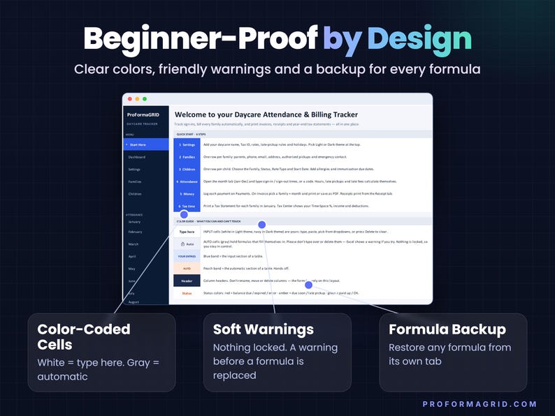 Start Here tab with a 6-step quick start, a color guide explaining white input cells and gray automatic cells, attendance codes, golden rules and sidebar navigation.
