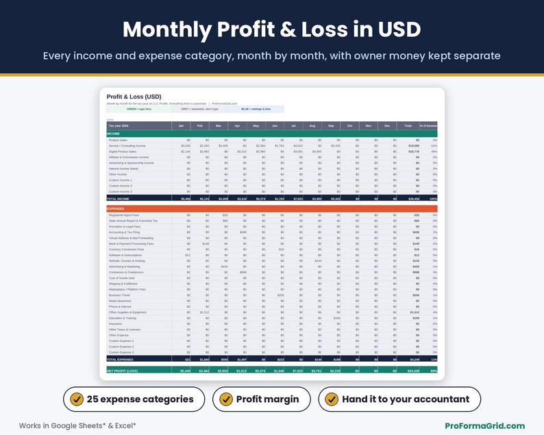 Monthly profit and loss statement in USD with income and expense categories and owner money memo for a non-resident US LLC