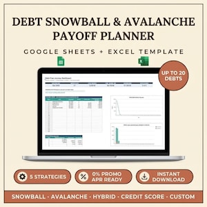 Debt snowball and avalanche payoff planner spreadsheet for Google Sheets and Excel with up to 20 debts, 5 payoff strategies and 0 percent promo APR support