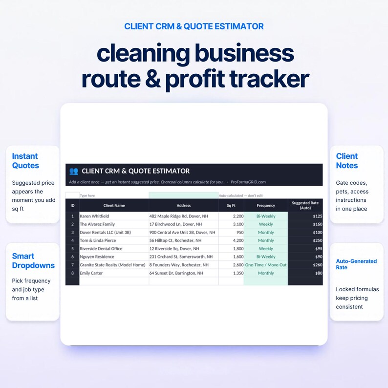 Client CRM tab in Google Sheets* with automated square foot quote generator and cleaning frequency rate estimator.