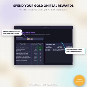 Reward Shop tab for redeeming earned Gold on real-life rewards, with a purchase log, in this gamified ADHD dopamine planner.