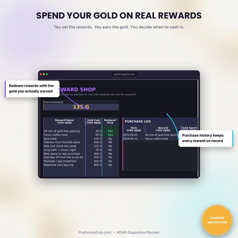 Reward Shop tab for redeeming earned Gold on real-life rewards, with a purchase log, in this gamified ADHD dopamine planner.