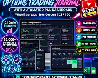 Options Trading Journal, 39,000 Automated Formulas, P&L Dashboard, 22 Strategies (Digital Download)
