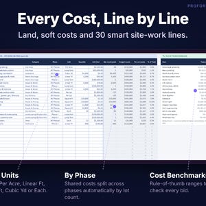 Land, soft cost and hard cost site-work budget tabs with cost basis dropdowns, per-lot costs and a hard cost breakdown by phase.