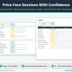 Rate calculator tab displaying session pricing recommendations, 10-pack and 20-pack package pricing, and customizable gym floor rent settings.