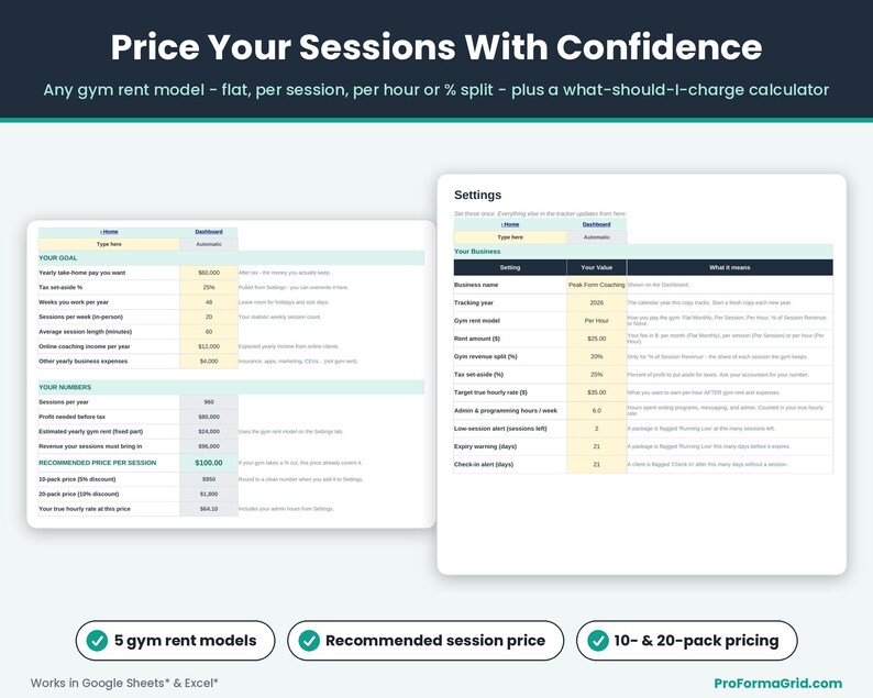 Rate calculator tab displaying session pricing recommendations, 10-pack and 20-pack package pricing, and customizable gym floor rent settings.