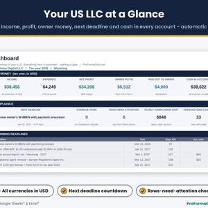 LLC dashboard spreadsheet showing income, expenses and net profit in USD, owner contributions, cash in accounts, next deadline and upcoming compliance deadlines