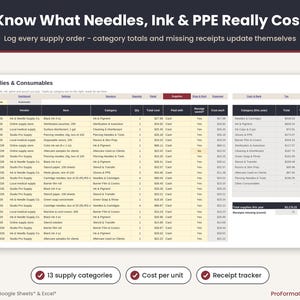 Tattoo supply cost tracker logging needles, ink, gloves, barrier film and sterilization supplies by category with receipt tracking.