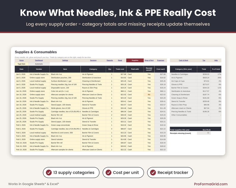 Tattoo supply cost tracker logging needles, ink, gloves, barrier film and sterilization supplies by category with receipt tracking.