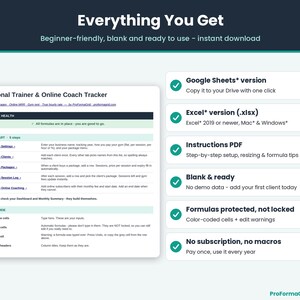 Digital download package overview displaying Google Sheets* and Microsoft* Excel* spreadsheet files, setup guide PDF, and features list.