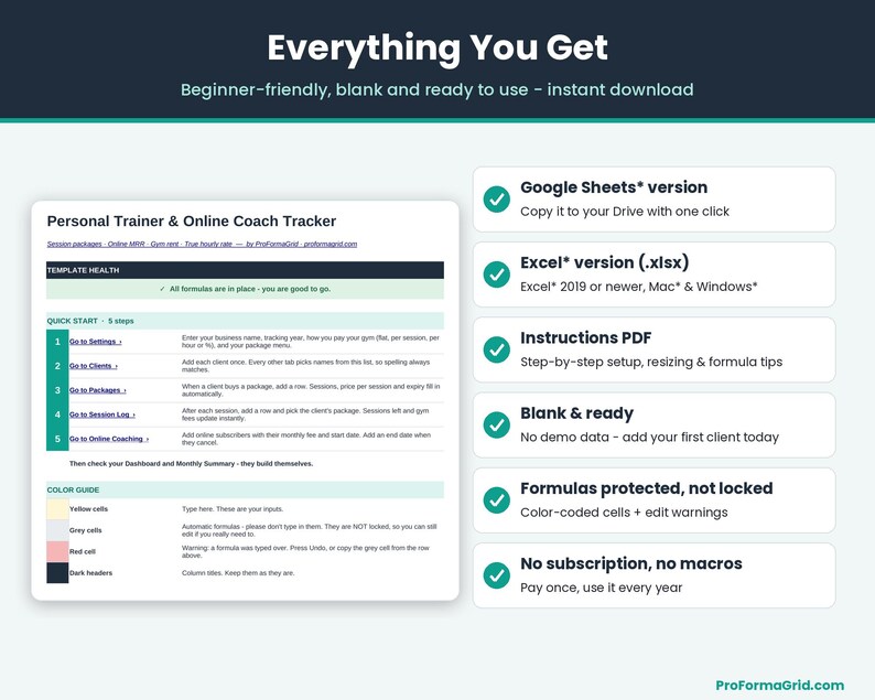Digital download package overview displaying Google Sheets* and Microsoft* Excel* spreadsheet files, setup guide PDF, and features list.