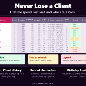 Client list with lifetime spend and Active, Due to rebook and Lapsed status