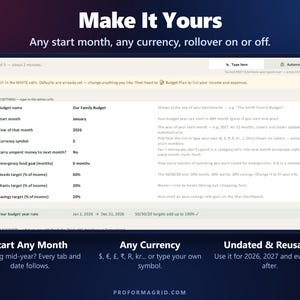 Setup tab to choose start month, year, currency symbol, rollover and 50/30/20 targets.