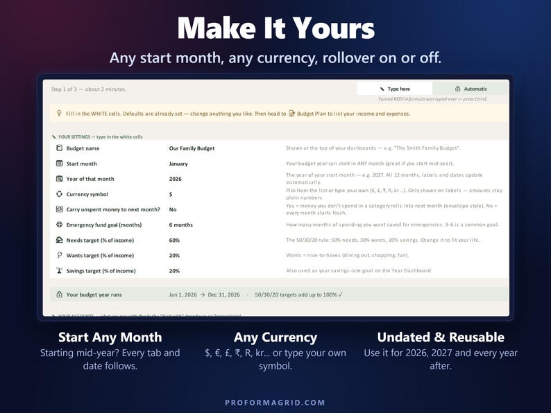Setup tab to choose start month, year, currency symbol, rollover and 50/30/20 targets.